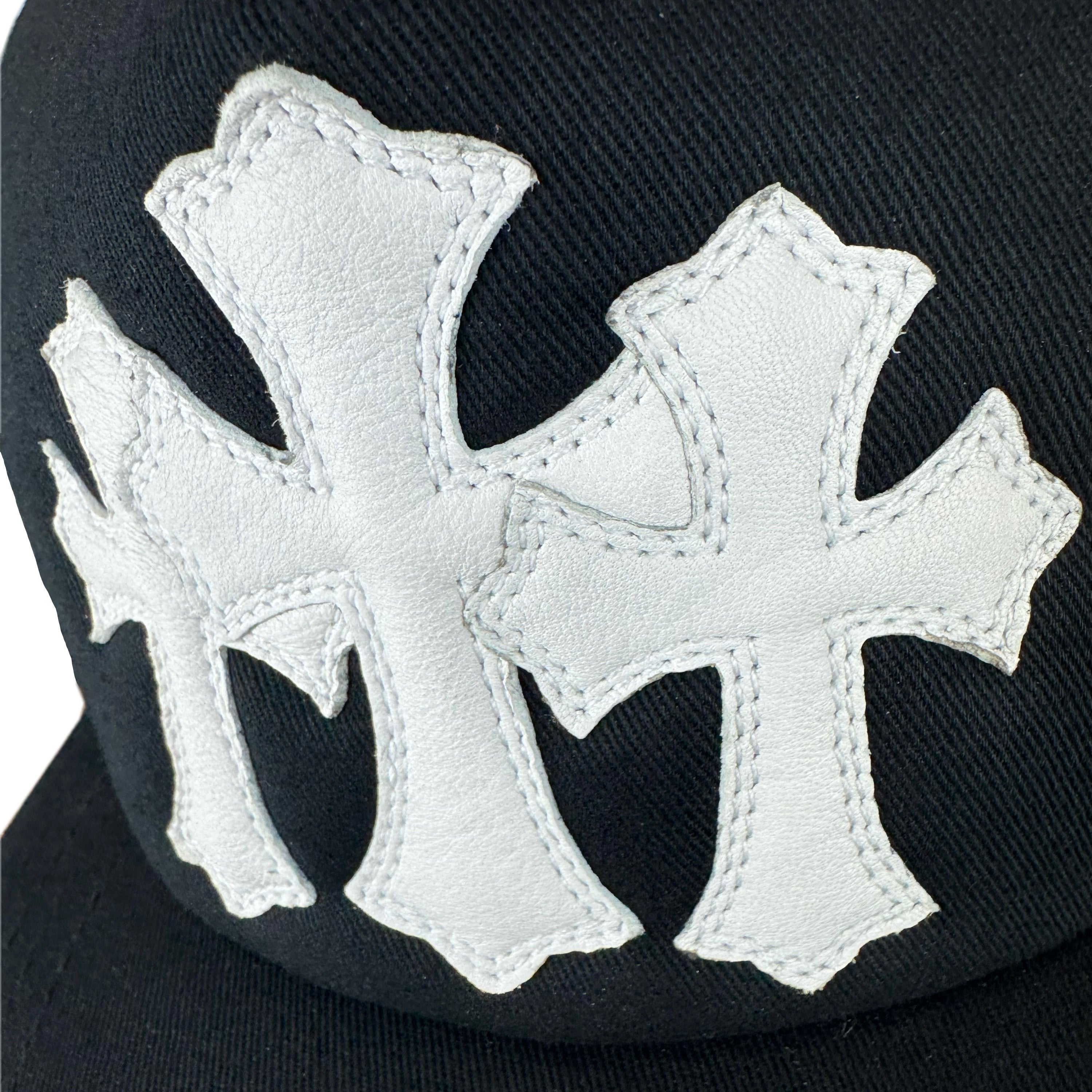 Chrome Hearts White Leather Cemetery Cross Patch on Black Trucker Hat