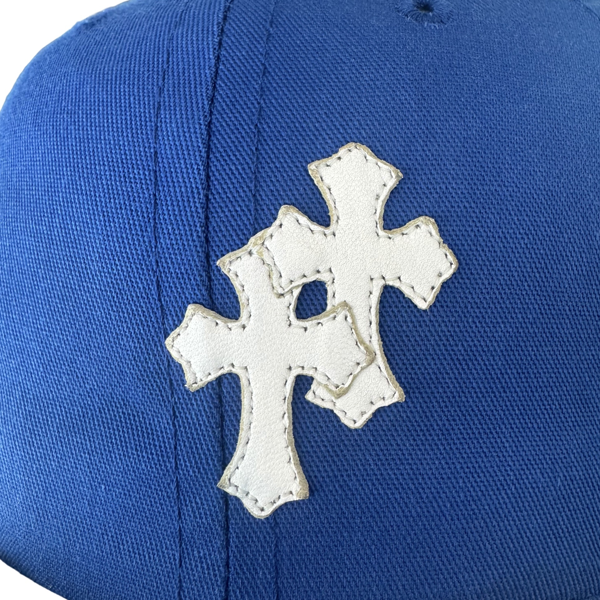 Chrome Hearts Blue Baseball hat with White Leather Cross patches