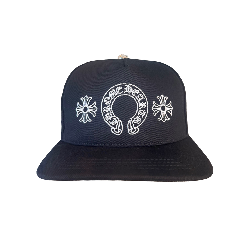 Chrome Hearts Black Denim Hat With White plus & scroll logo