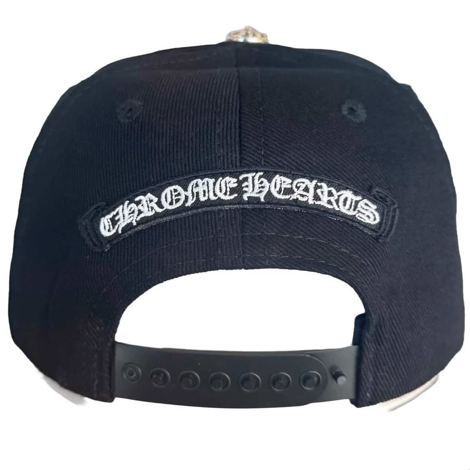 Chrome Hearts Black Denim Hat With White plus & scroll logo