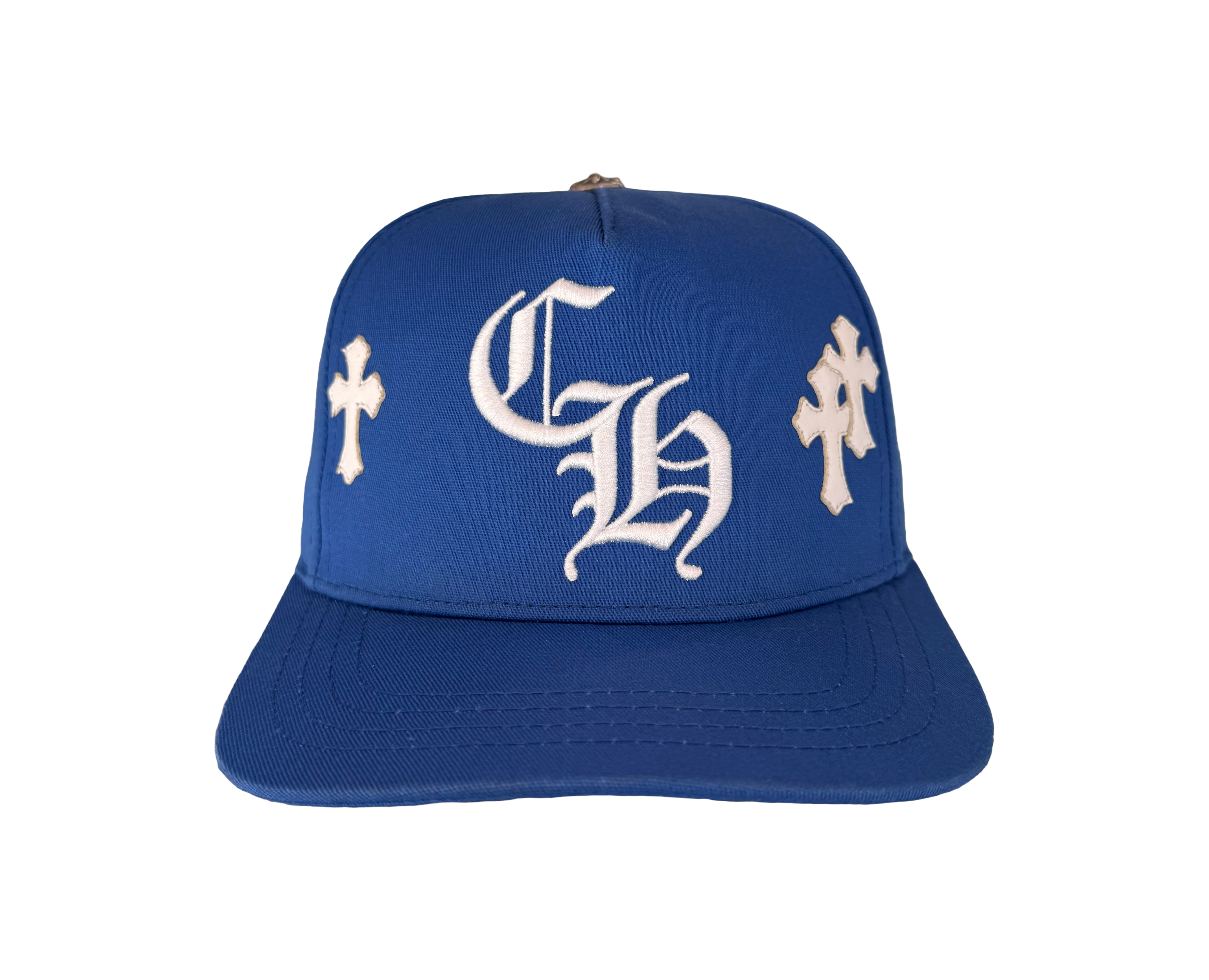 Chrome Hearts Blue Baseball hat with White Leather Cross patches
