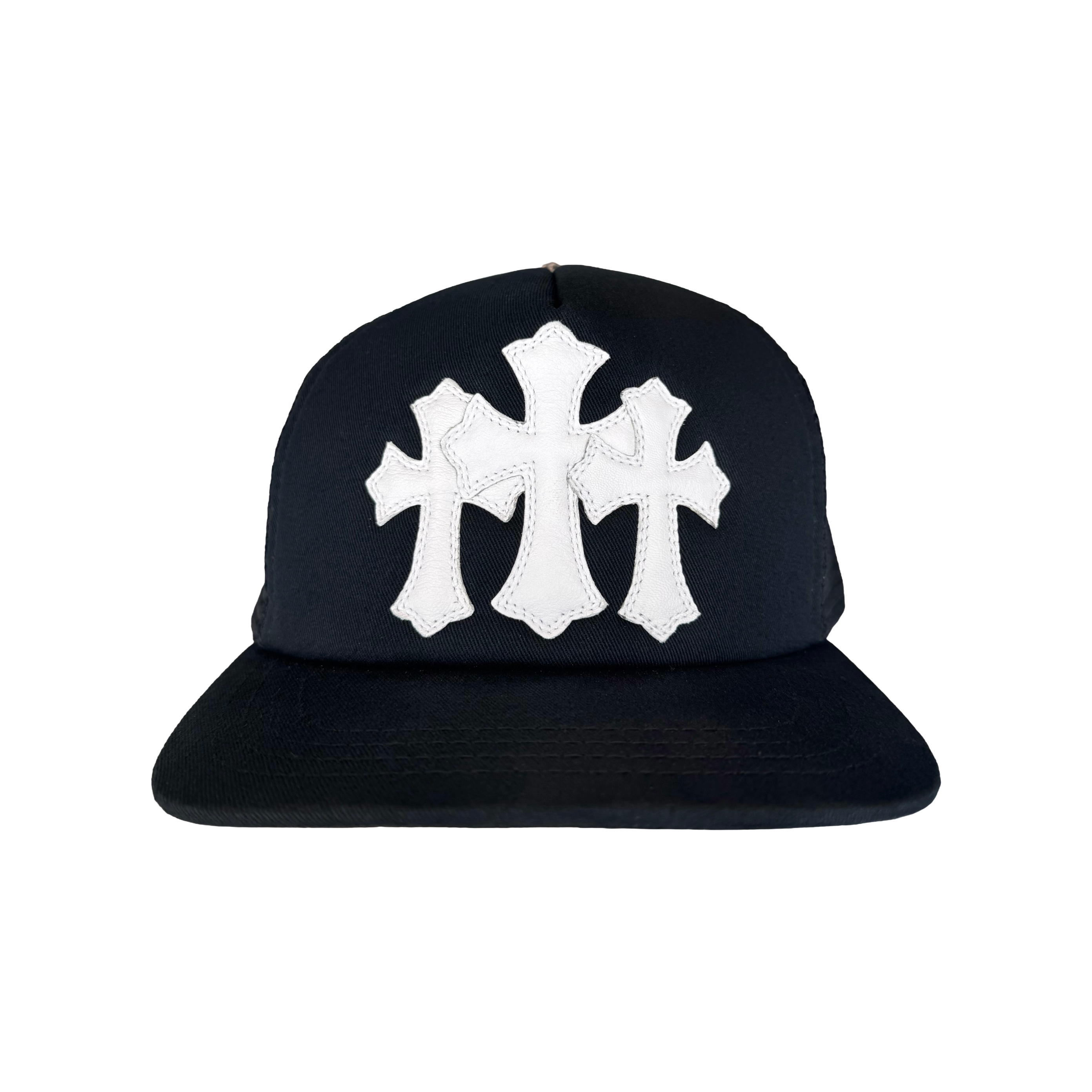 Chrome Hearts White Leather Cemetery Cross Patch on Black Trucker Hat