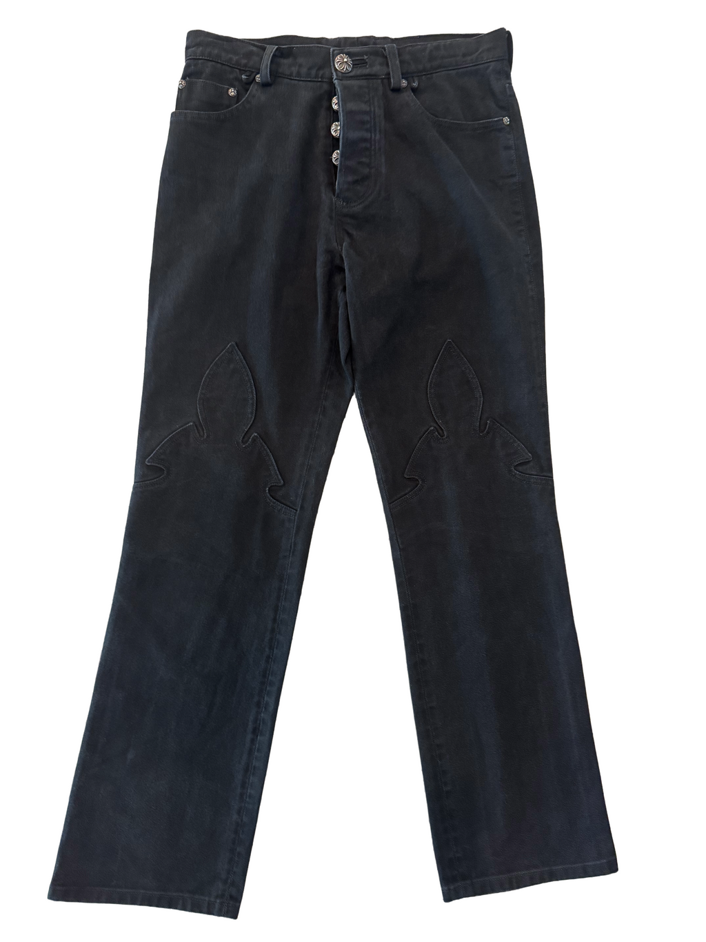 Chrome Hearts Vintage Fleur Knee Silver Plus Cross Denim Jeans