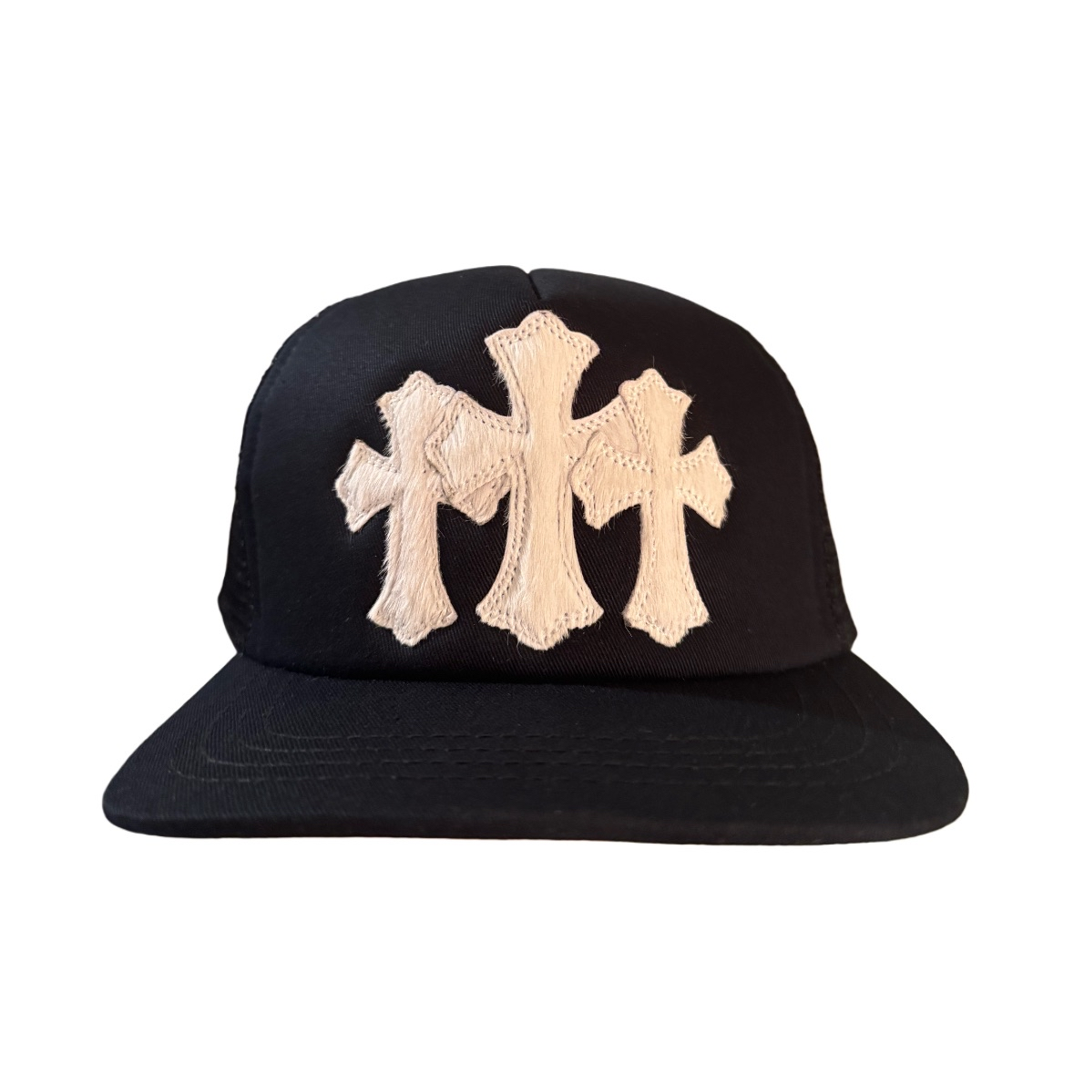Chrome Hearts White Pony Hair Cemetery Cross Patch on Black Trucker Hat