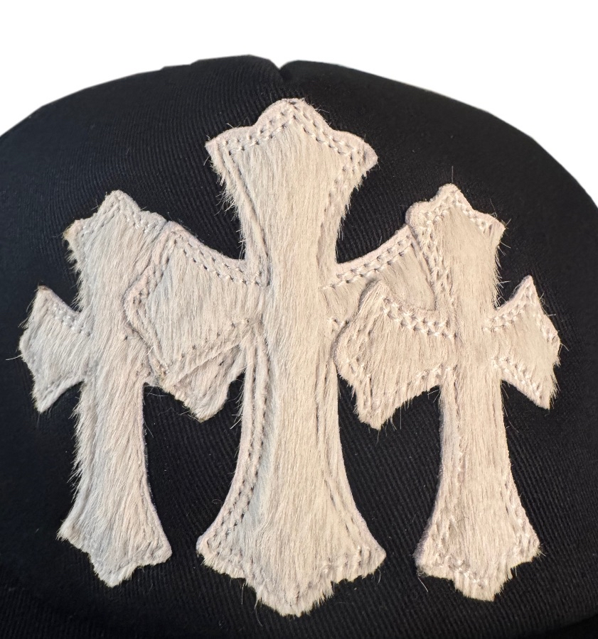 Chrome Hearts White Pony Hair Cemetery Cross Patch on Black Trucker Hat
