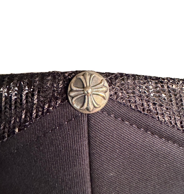 Chrome Hearts White Pony Hair Cemetery Cross Patch on Black Trucker Hat