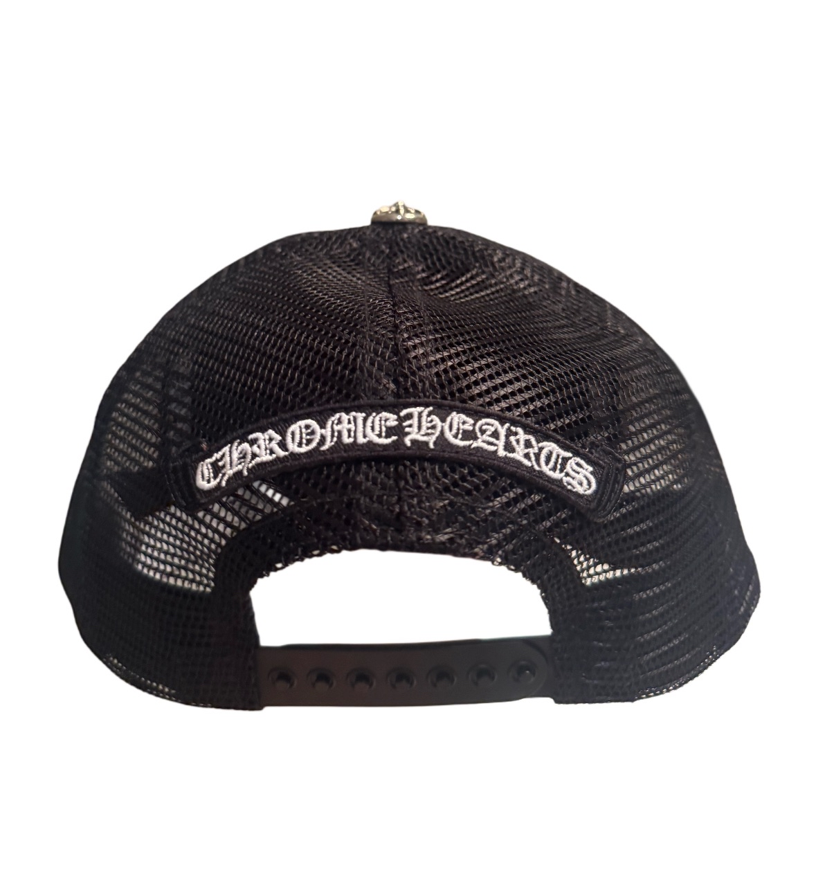 Chrome Hearts White Pony Hair Cemetery Cross Patch on Black Trucker Hat