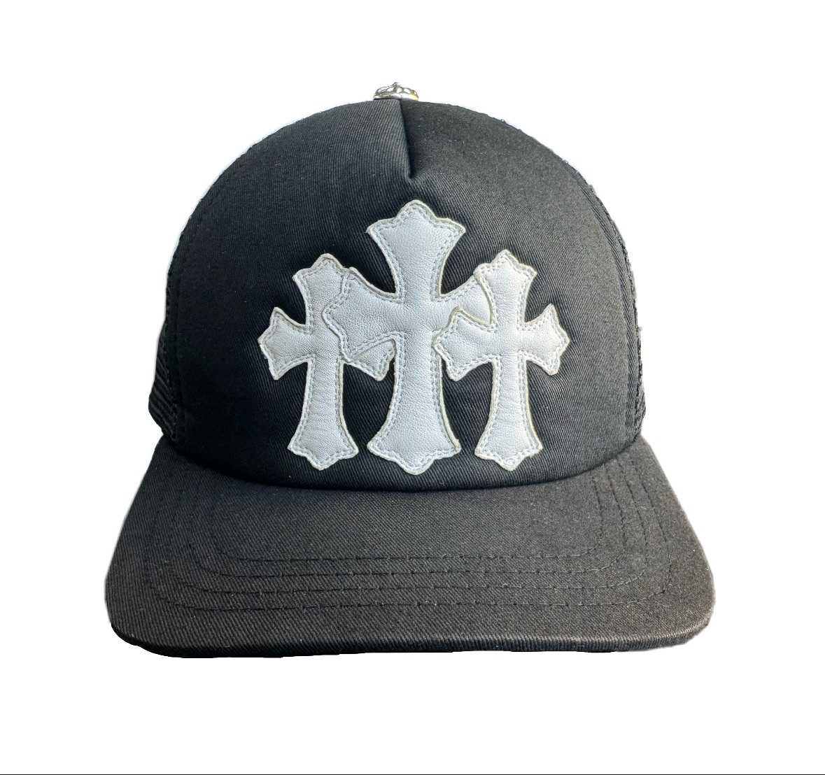 Chrome Hearts White Leather Cemetery Cross Patch on Black Trucker Hat