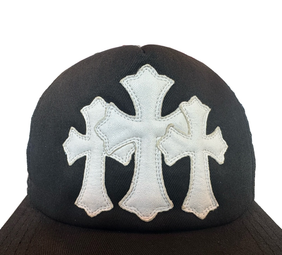 Chrome Hearts White Leather Cemetery Cross Patch on Black Trucker Hat