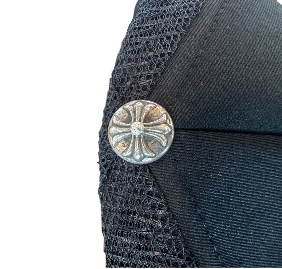 Chrome Hearts White Leather Cemetery Cross Patch on Black Trucker Hat