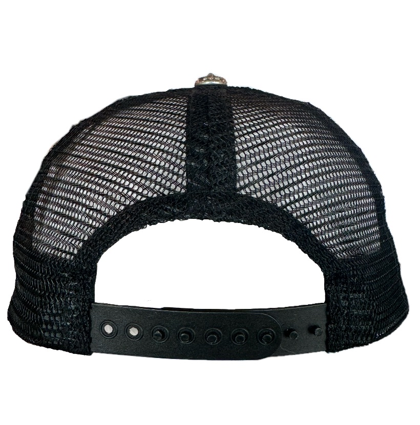Chrome Hearts White Leather Cemetery Cross Patch on Black Trucker Hat