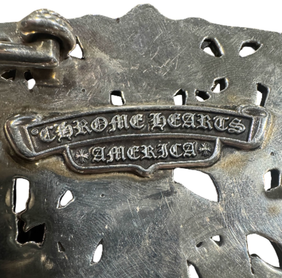 Chrome Hearts Silver Cemetery Belt Buckle with RARE Chrome Hearts Vintage Brown Belt strap