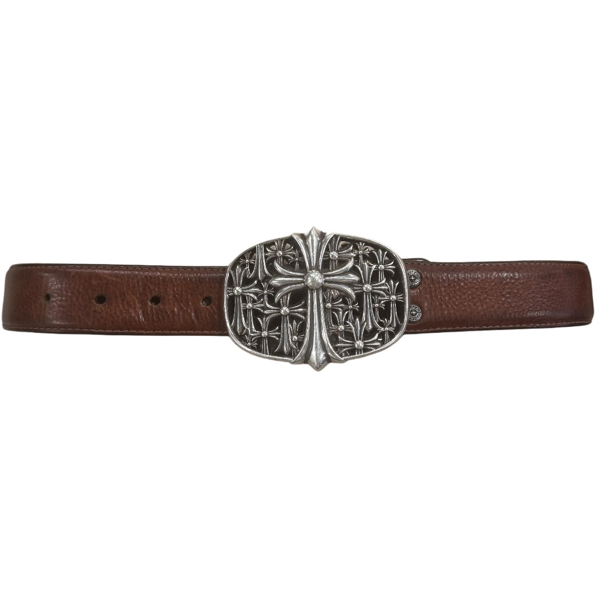 Chrome Hearts Silver Cemetery Belt Buckle with RARE Chrome Hearts Vintage Brown Belt strap