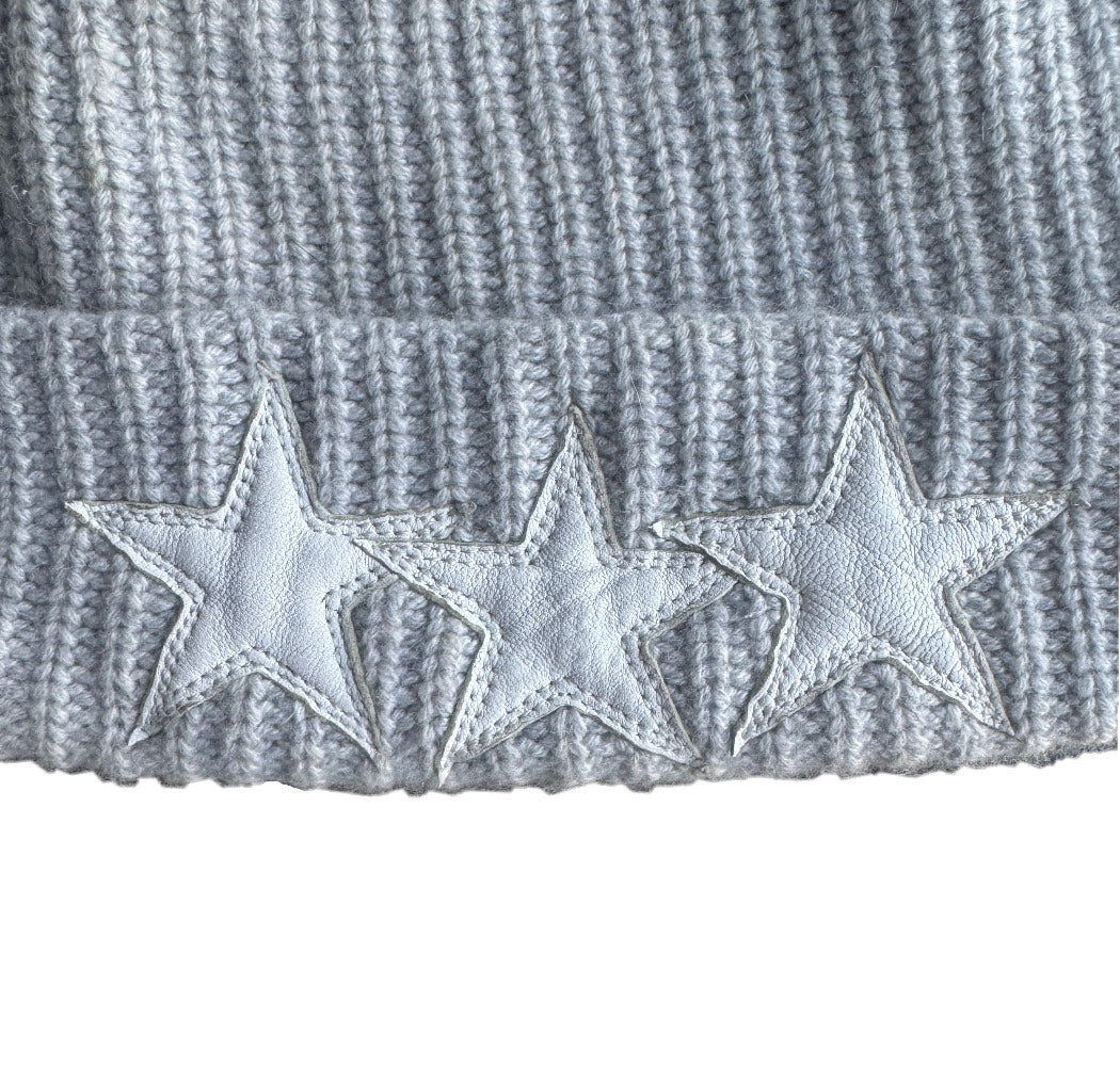 Chrome Hearts Grey Cashmere Beanie with Triple White Leather Star Patches