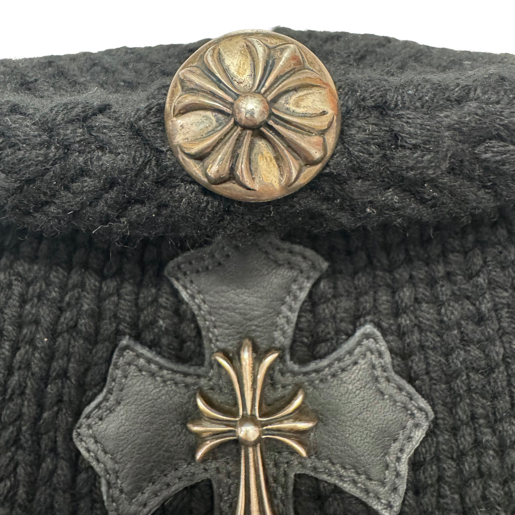 Vintage Chrome Hearts Black Cashmere Beanie With Black Leather Cross Patch and Silver Cross