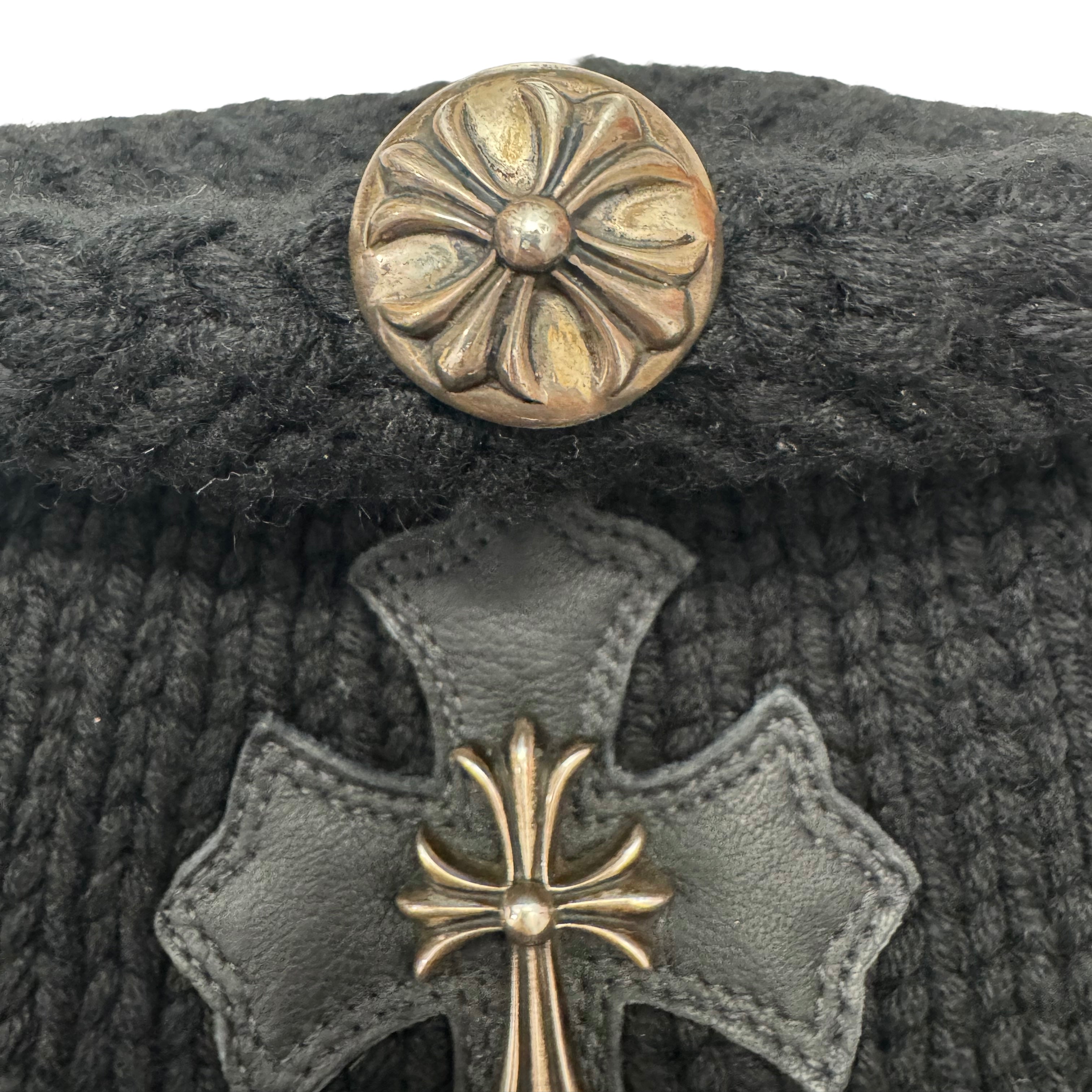 Vintage Chrome Hearts Black Cashmere Beanie With Black Leather Cross Patch and Silver Cross