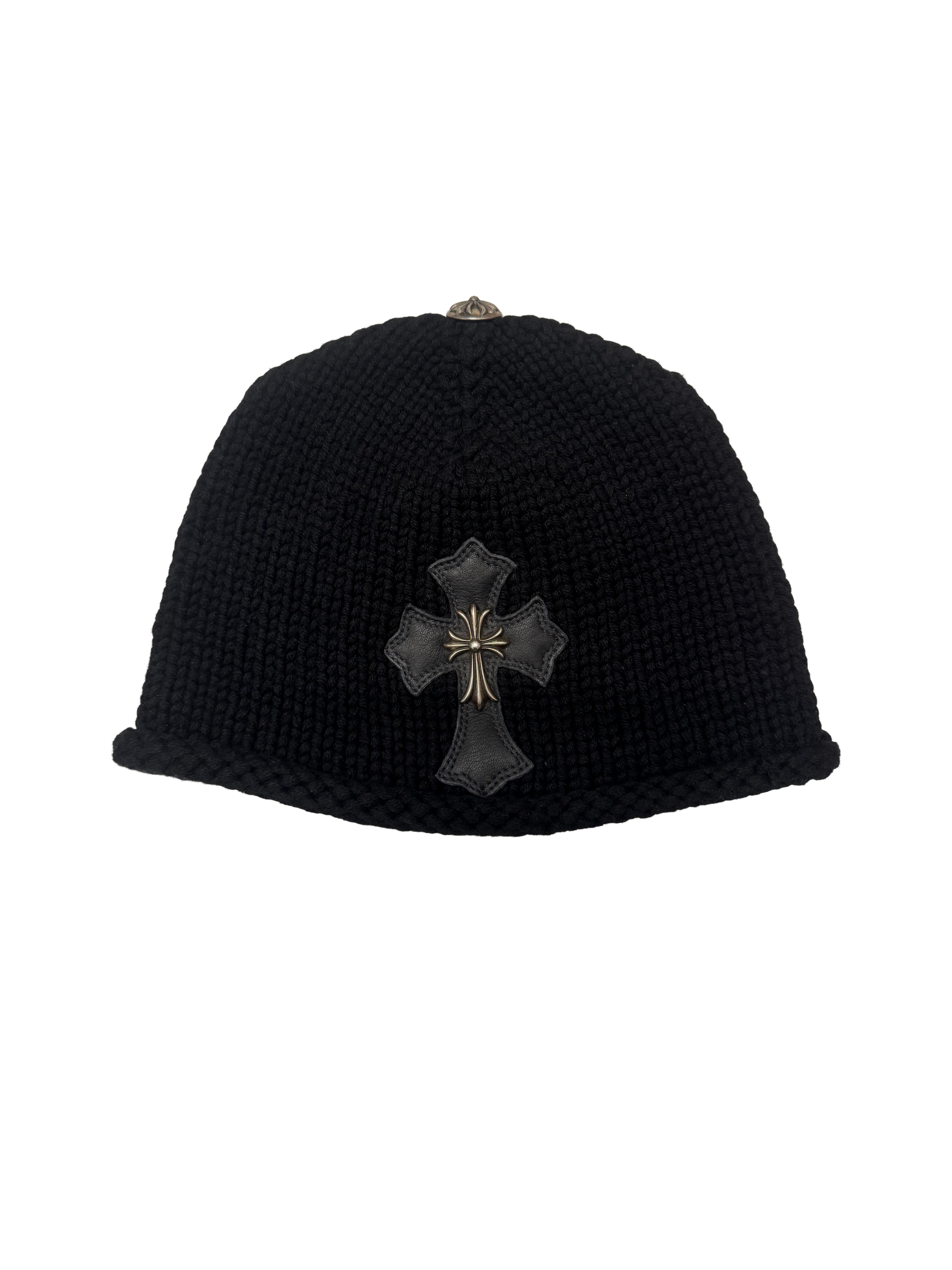 Vintage Chrome Hearts Black Cashmere Beanie With Black Leather Cross Patch and Silver Cross
