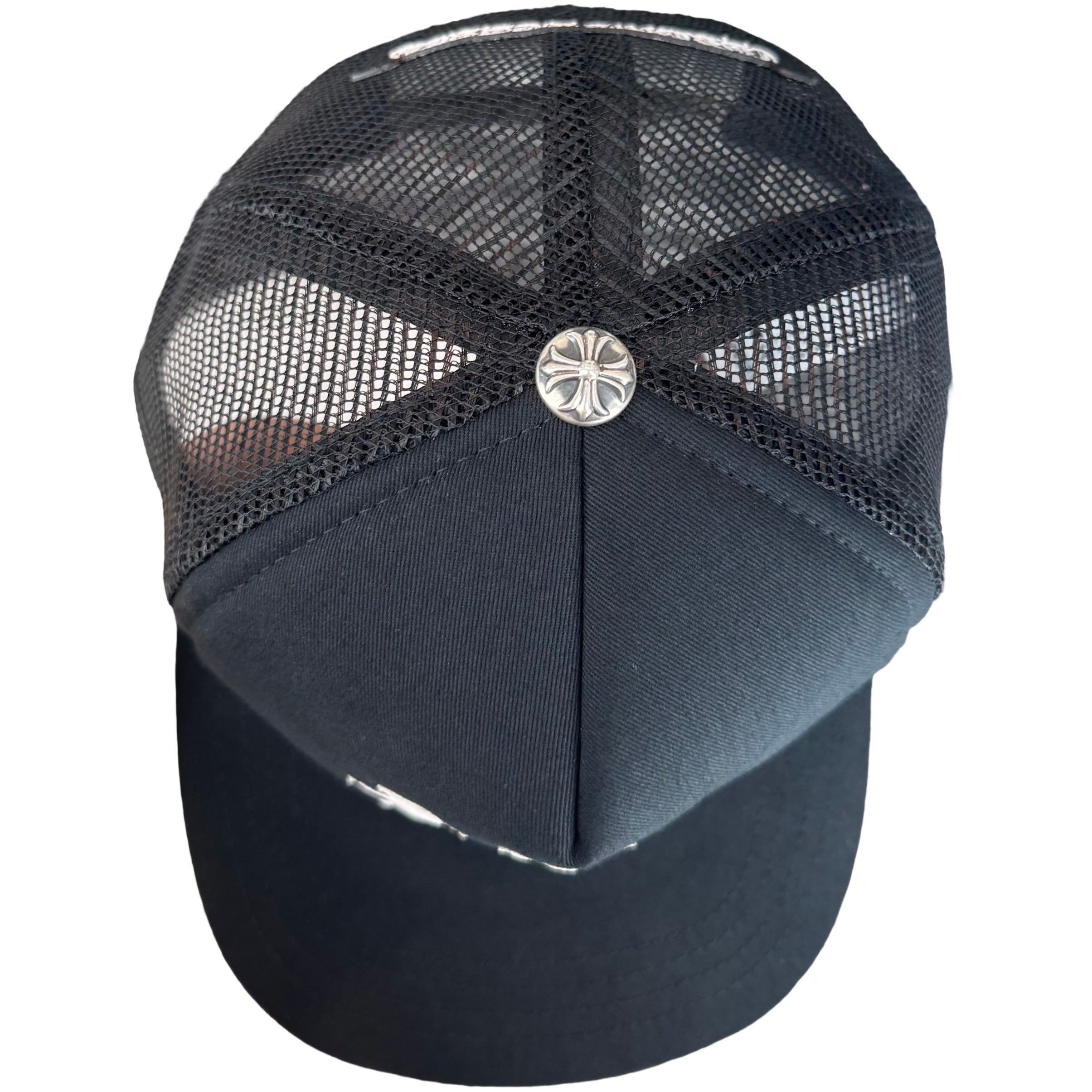 Chrome Hearts White Leather Cemetery Cross Patch on Black Trucker Hat