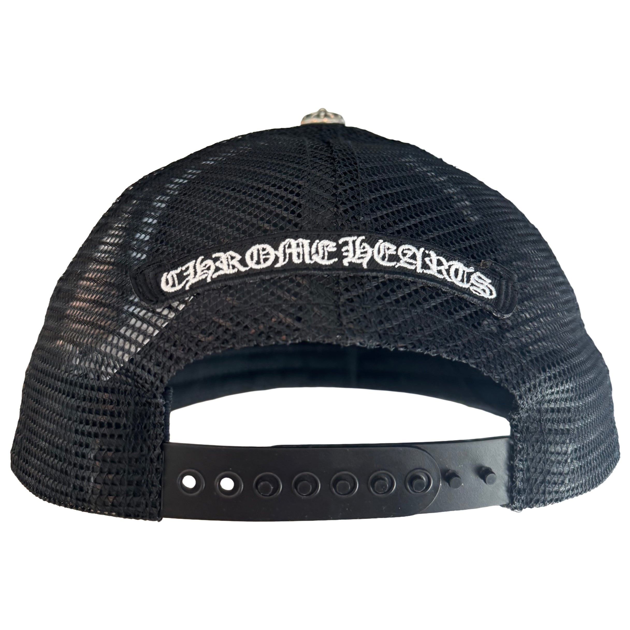 Chrome Hearts White Leather Cemetery Cross Patch on Black Trucker Hat