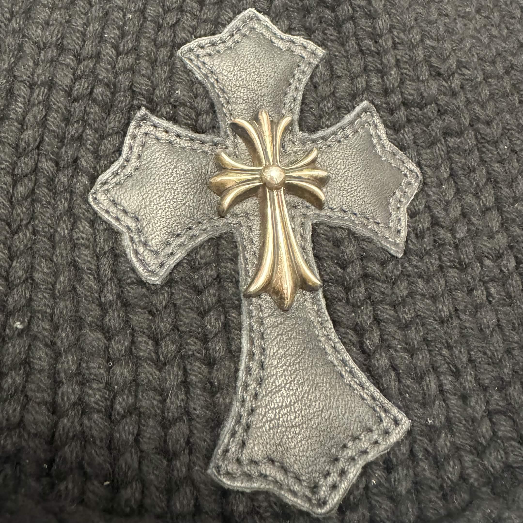 Vintage Chrome Hearts Black Cashmere Beanie With Black Leather Cross Patch and Silver Cross